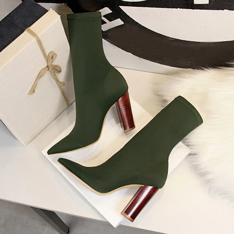 Größe 42 43, Damen-Stiefeletten, quadratische High Heels, Pumps, Herbstmode, Komfort, Stretch-Stoff, Sockenstiefel, Femme, Partykleid-Schuhe