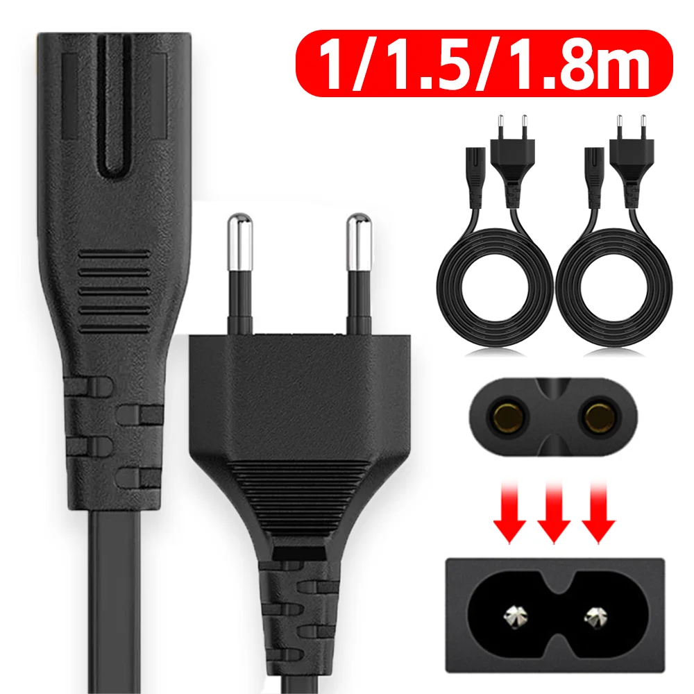 Europäisches 2-Pin-zu-C7-Stromkabel EU-Stecker 2-poliges AC-Netzkabel 1m/1,5m/1,8m für PS4 PS5 Xbox Computer Laptop TV Image
