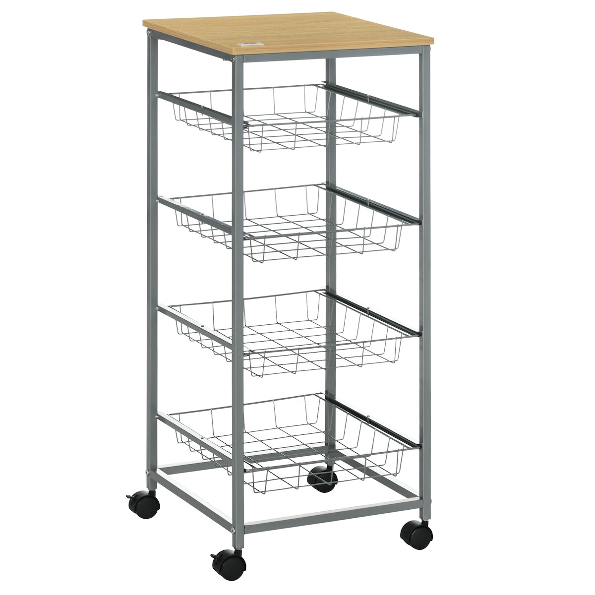 STILVORA Küchenwagen Servierwagen Silber 37x37x89 cm mit 4 Drahtkörben auf Rollen, Stahlrahmen pulverbeschichtet, MDF Ablage, kompakt und mobil Image