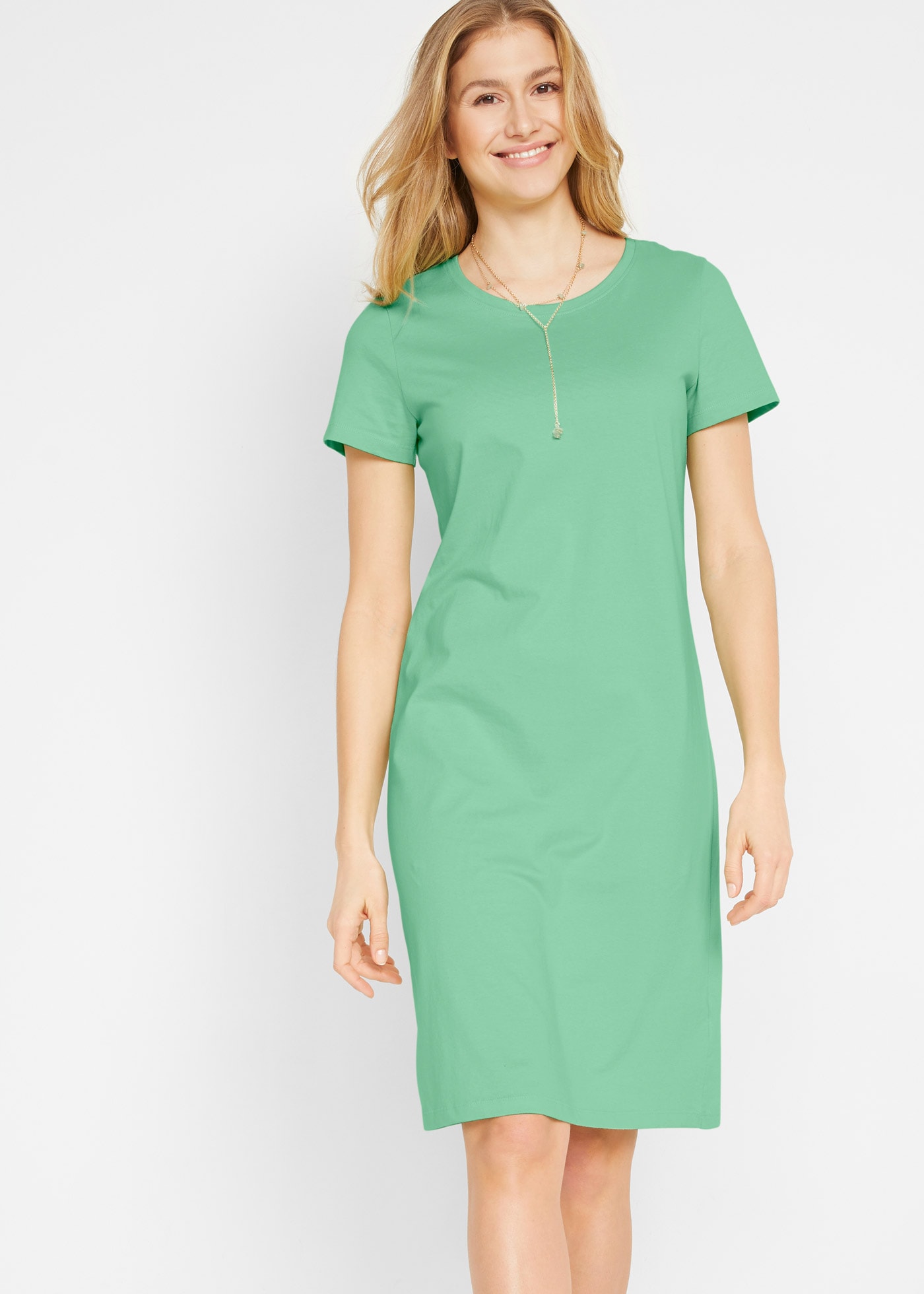 Jerseykleid BONPRIX, Damen, Gr. 56/58 (XXXL), N-Gr, grün (mint, schwarz), Jersey, Obermaterial: 100% Baumwolle, unifarben, bequem knielang, Rundhals, gerader Abschluss, Kleider Jerseykleid, casual Stil, im 2er-Pack, aus Baumwolle, bequeme Passform