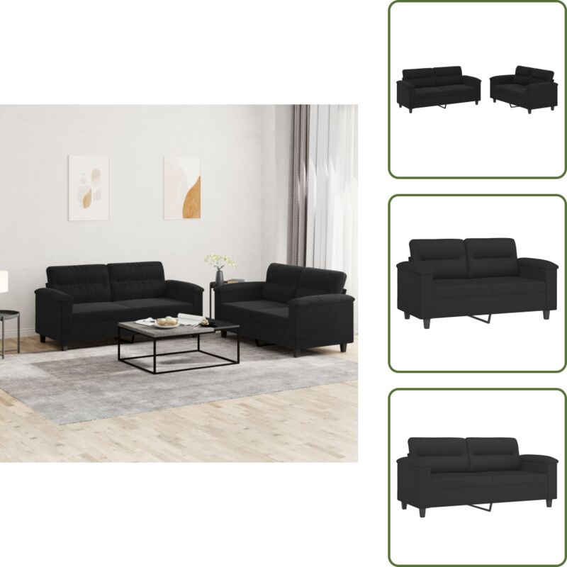 The Living Store Set Divani 2 Pz Con Cuscini Nero In Tessuto Microfibra - Divano In Microfibra