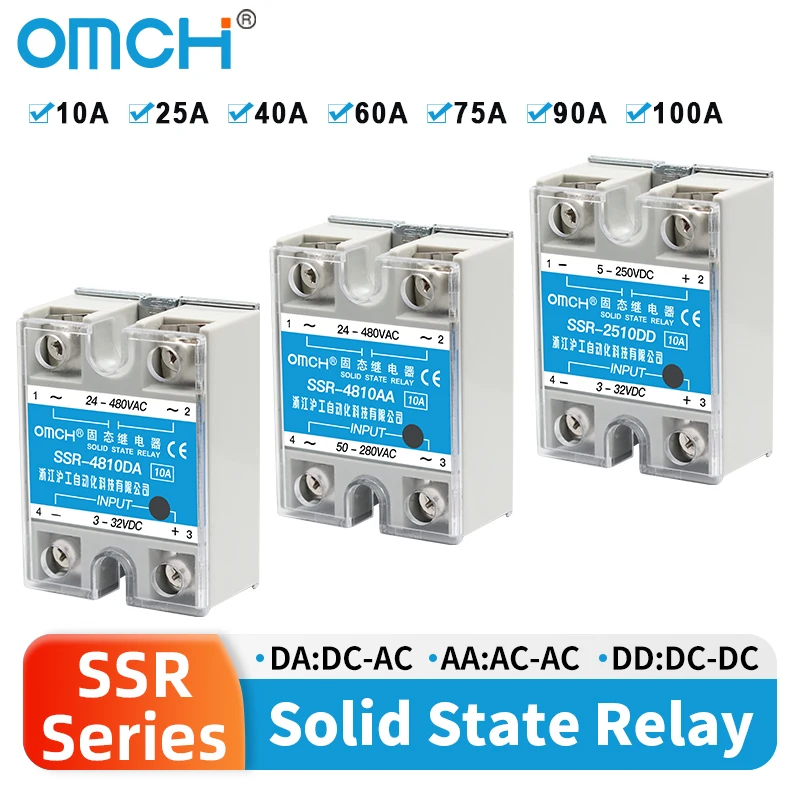 OMCH SSR-4810DA 25DA 40DA-100DA Einphasige Kunststoffabdeckung Halbleiterrelais DC-Steuerung AC 3-32VDC AC-Steuerung AC 50-280VAC Image