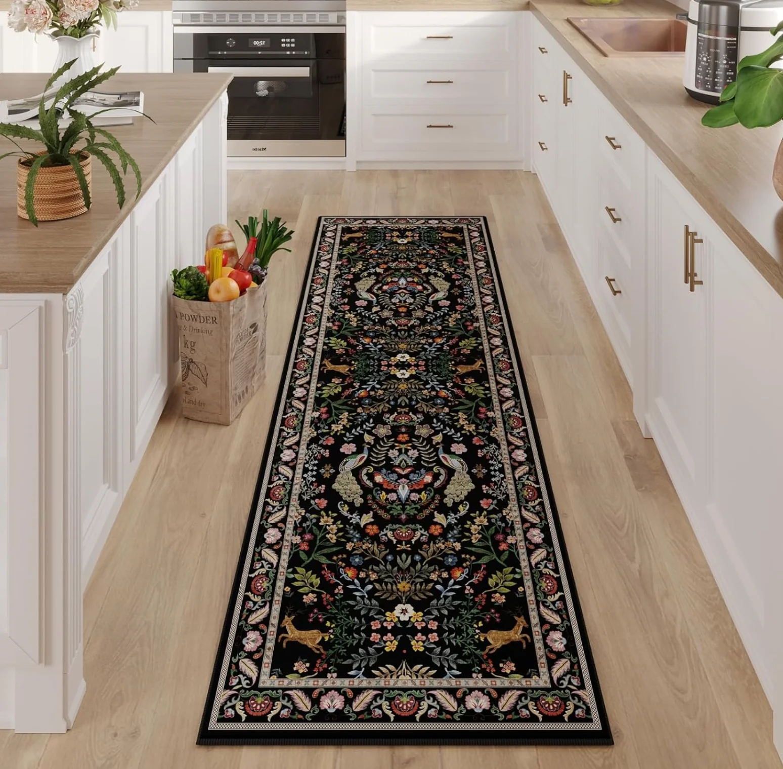 Elegant Black Floral Long Runner Rug Non Slip Floor Mat Vintage Pattern Carpet for Bathroom Corridor Kitchen Home Living Room