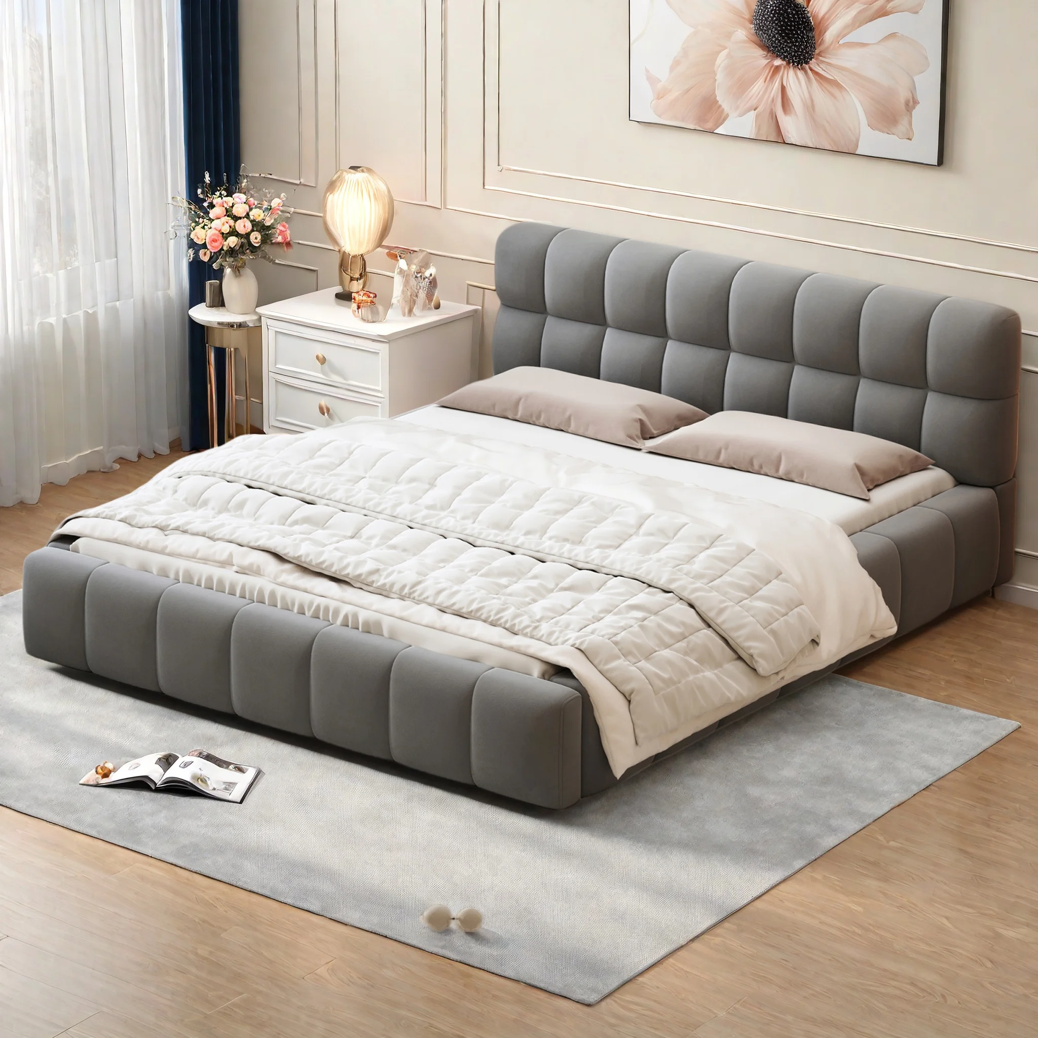 Rosahqnda Polsterbett Standdoppelbett mit weicher Rückenlehne, Flachbett mit Polsterkante, Lattenrost, Leinen, ohne Matratze Image