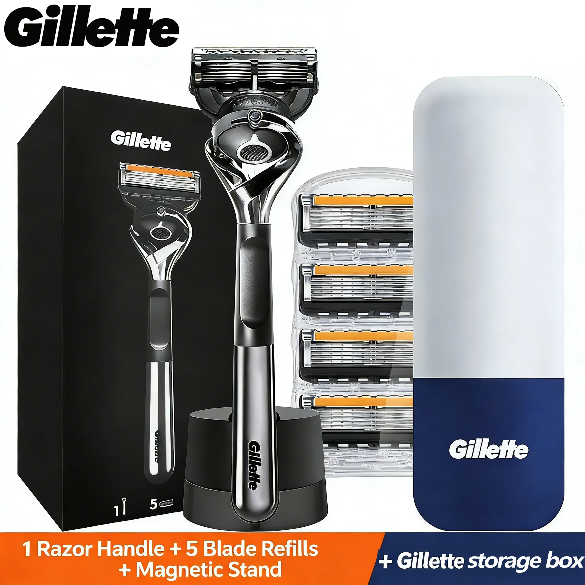 Gillette Fusion ProGlide Rasierer für Männer, Griff + 5 Ersatzklingen + 1 Magnetständer + 1 Aufbewahrungsbox, FlexBall Rasierergriff Image