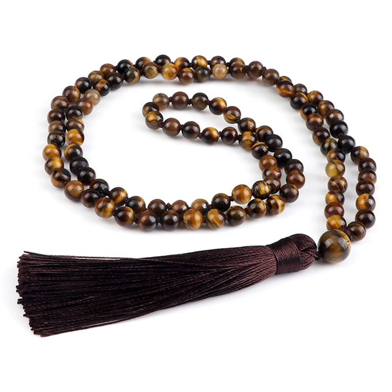 6mm Tigerauge Stein Halskette Frauen Männer Braun Quaste 108 Perlen Mala Verknotet Halsketten Meditation Yoga Charme Schmuck Firends geschenk Image