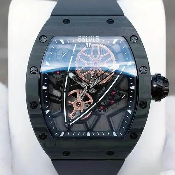 OBLVLO Herren Automatikuhr 43mm Tonneau Mechanische Armbanduhr Leuchtend 50M Wasserdicht Saphirglas Skelett-Zifferblatt FKM-Armband Image