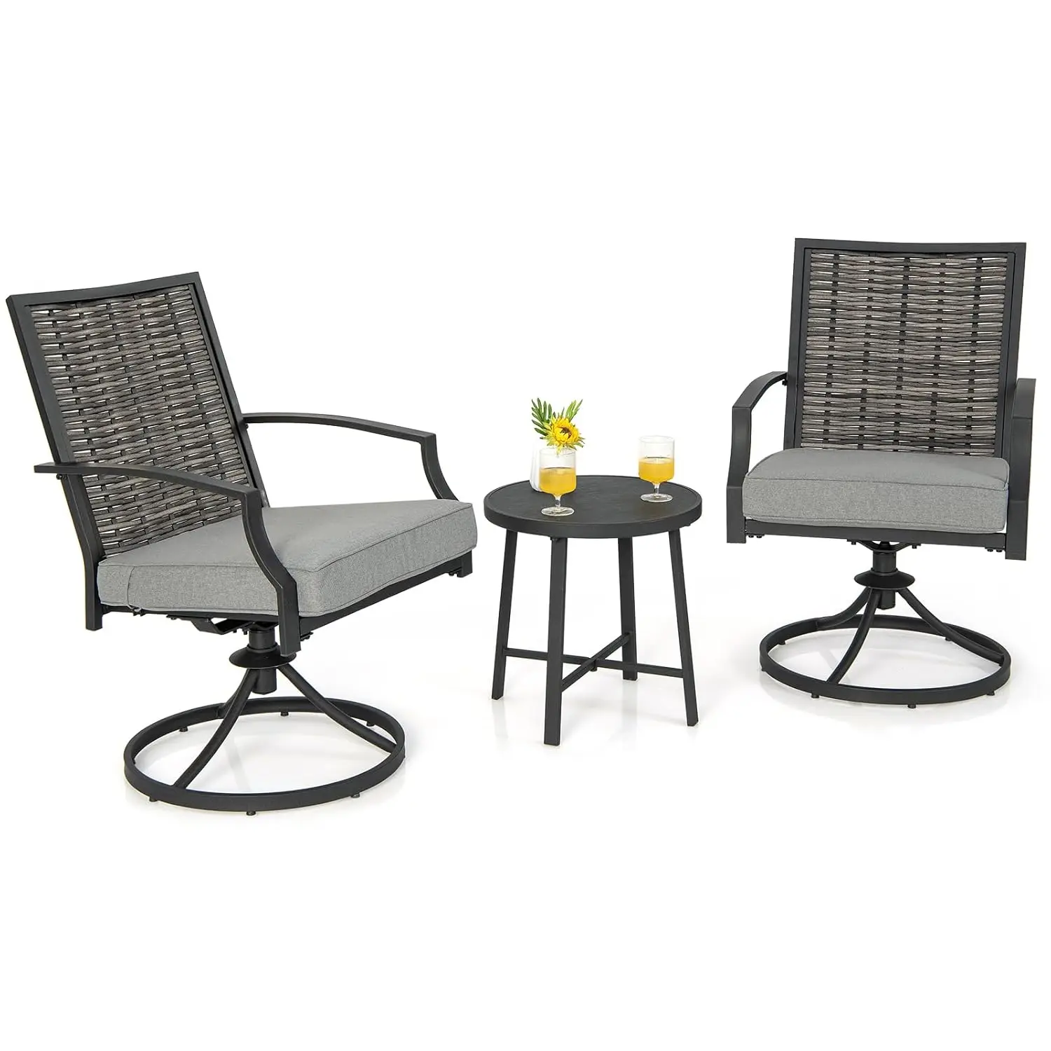 Rattan-Gartenmöbel-Set, Balkonmöbel inklusive 2 Stühlen mit Drehfunktion, Kissen und Tisch, Balkon, individuell gestaltet