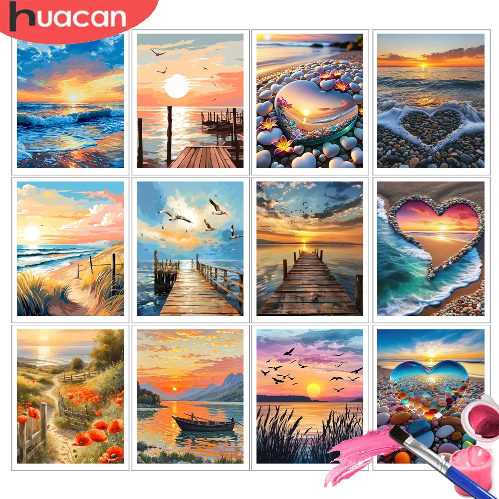 HUACAN Malen nach Zahlen für Erwachsene: Meereslandschaft, Sonnenuntergang am Meer, Leinwandmalerei, Kunst für Erwachsene Image