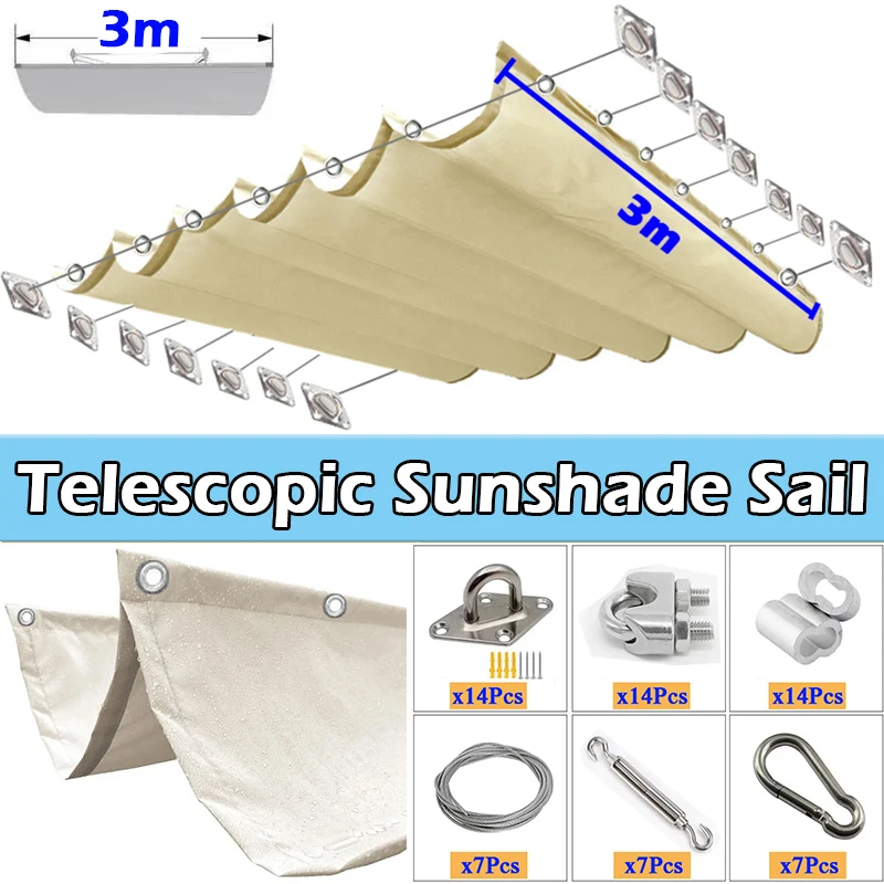 3m Breite Teleskop-Wellensonnetz Outdoor-Pergola Einziehbare Schattierungsabdeckung Schwimmbad-Sonnenschutznetz mit Zubehör Image
