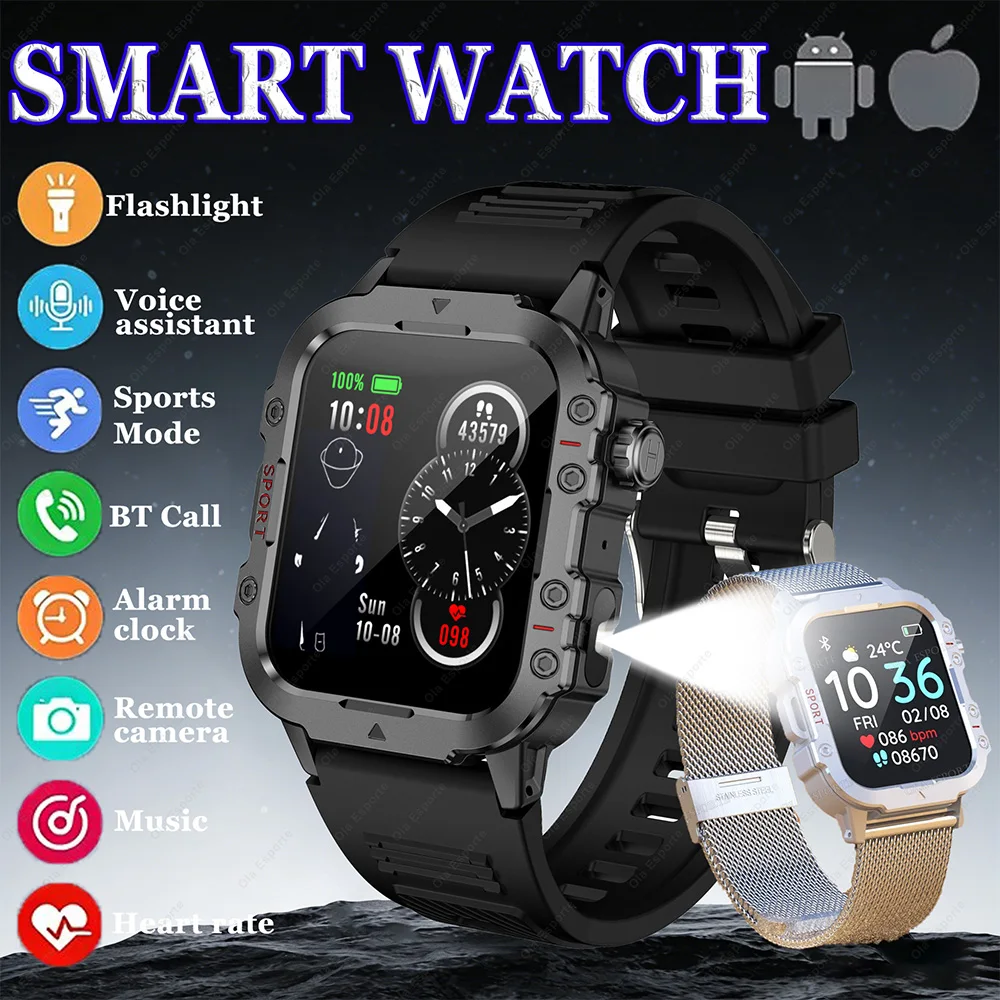 Outdoor-Sport-Smartwatch, Militär-LED-Taschenlampe, Herzfrequenz- und Schlafgesundheitsüberwachung, GPS-Fitness-Tracking, BT-Anruf, Smartwatch für Herren Image