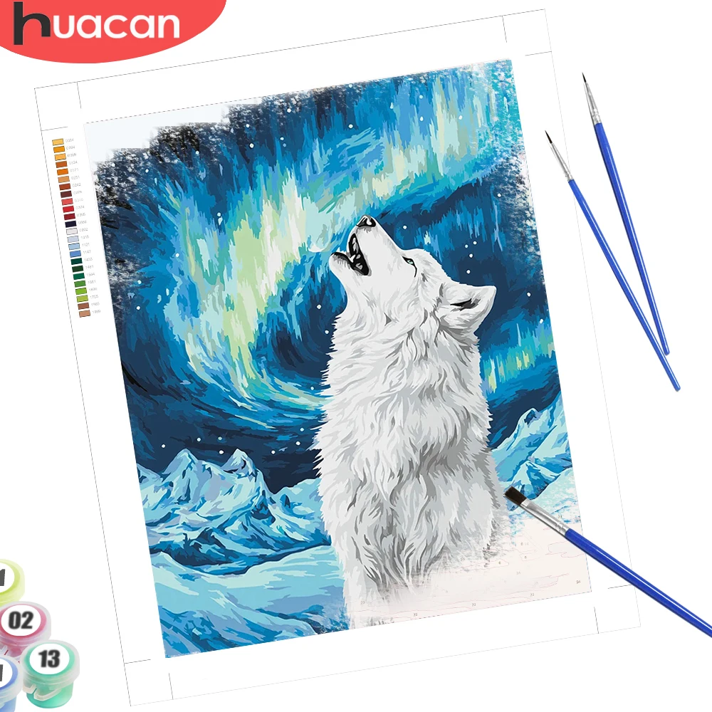 HUACAN Malen nach Zahlen, Wolf, Tier, Zeichnen auf Leinwand, Aurora-Landschaft, Weihnachtsgeschenke, Weihnachtsdekoration Image