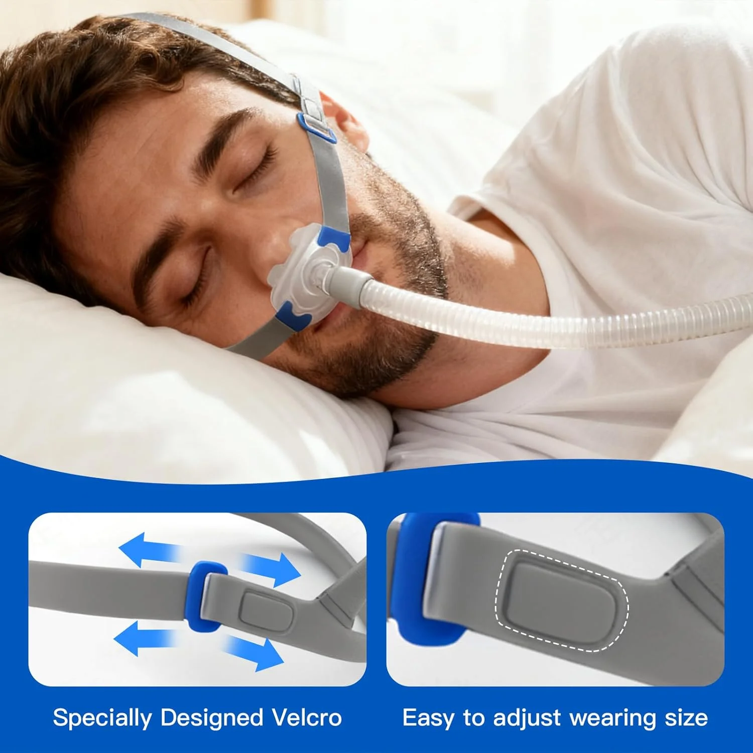CPAP Nasenpolster-Maske, Nasenpolster-Set mit Abnehmbarem Kopfgurt, Rahmen, Schlauch und 3 Verschiedenen Größen Nasenpolster (S, M, L) Image