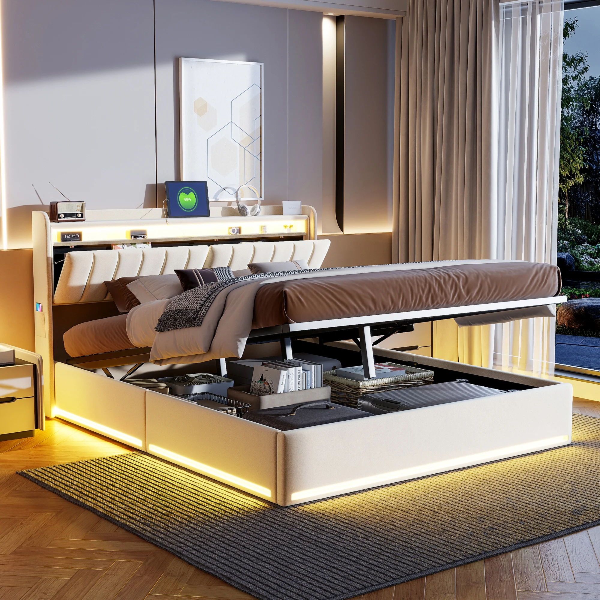 Superaly Polsterbett, Doppelbett, Kopfteil mit Stauraum und Beleuchtungsstreifen, USB-Ladeanschluss, Samt, Beige Image