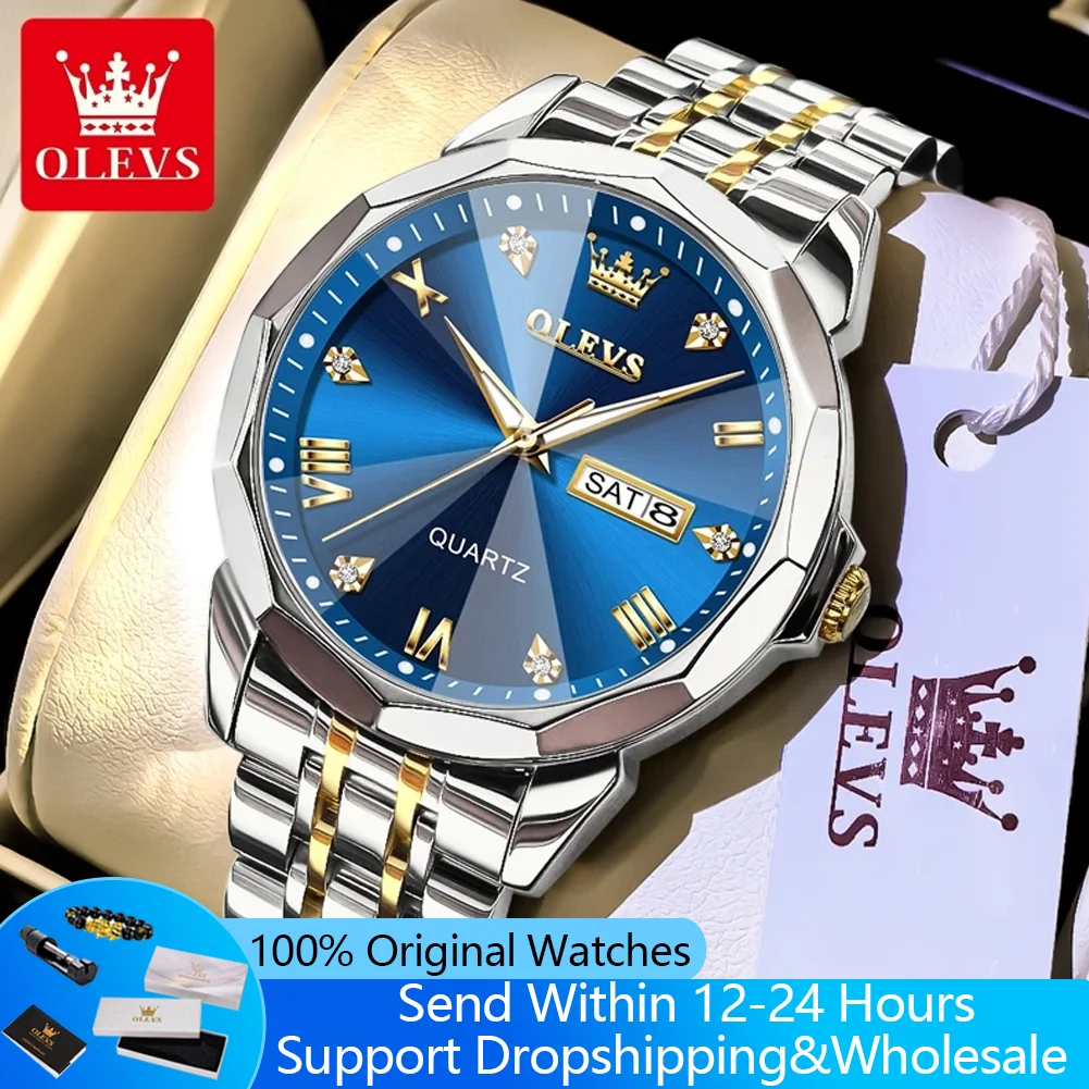 OLEVS 9931 Quarz Mann Uhr Mode Dual Kalender Stahlband Business herren Armbanduhr Raute Spiegel Wasserdichte Uhr Für Männer Image
