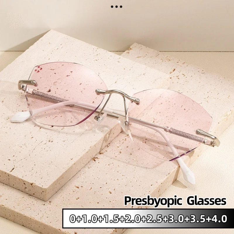 Neue hochwertige Luxus-Lesebrille für Damen, Eleganz, Schmetterling ohne Rand, Diamant-Presbyopie-Brille, Dioptrien 0 bis +4,0 Image