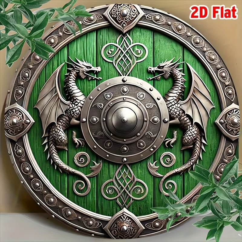 2D flach, 1 Stück Wikinger-Schild-Metallwandkunst – 8 x 8 runde Blechschild mit Drachen- und Helmdesign, Vintage-Grün- und Silberdekor für