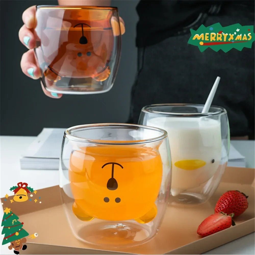 Schöne Glas Becher Transparent Doppel-Schicht Kaffee Becher Cartoon Bär Katze Verhindern Verbrühungen Glas Tasse Frühstück Milch Zitrone Saft tasse Becher Image