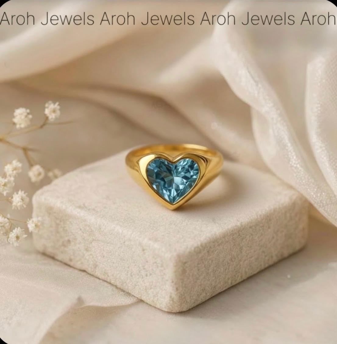Anello con sigillo a forma di cuore con topazio blu, anello con castone in oro giallo 14k, anello a forma di cuore in oro massiccio, anello di fidanza