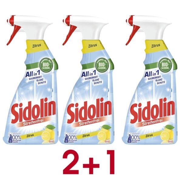 Sidolin 2 + 1 Aktion: 3x Glasreiniger »All in 1 Streifenfrei Zitrus« 500 ml gelb Image