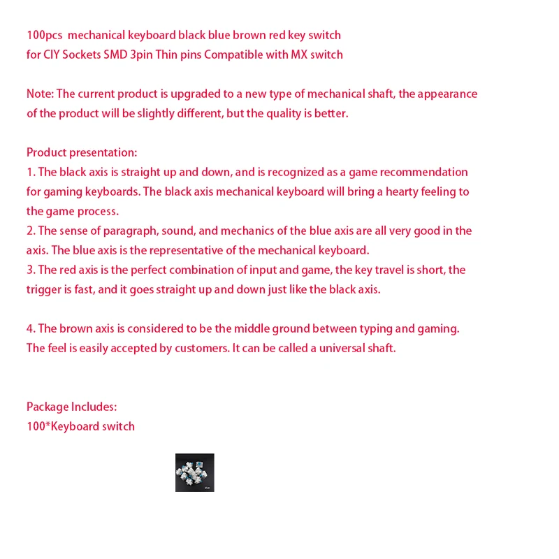100 Stück mechanische Tastatur schwarz blau braun rot Schlüsselschalter für CIY-Sockel SMD 3-polig dünne Stifte kompatibel mit MX-Schalter Image