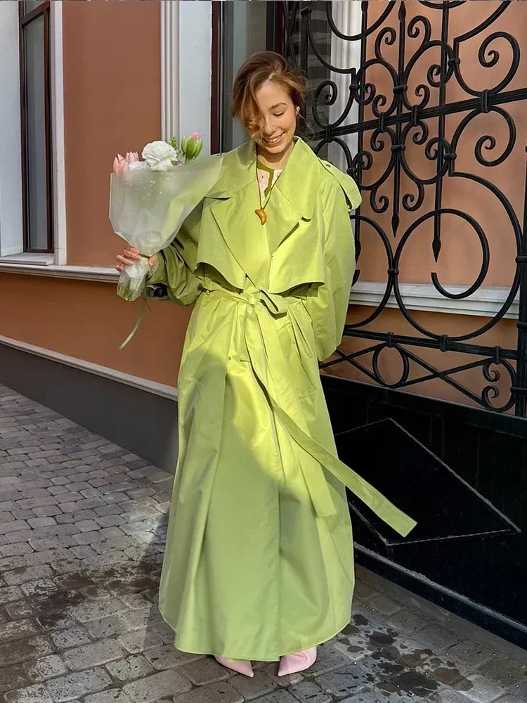 Grün Revers Lange Windjacke Mit Gürtel Frauen Langarm V-ausschnitt Spitze Up Lose Mantel Dame Herbst High Street Täglichen Oberbekleidung Image