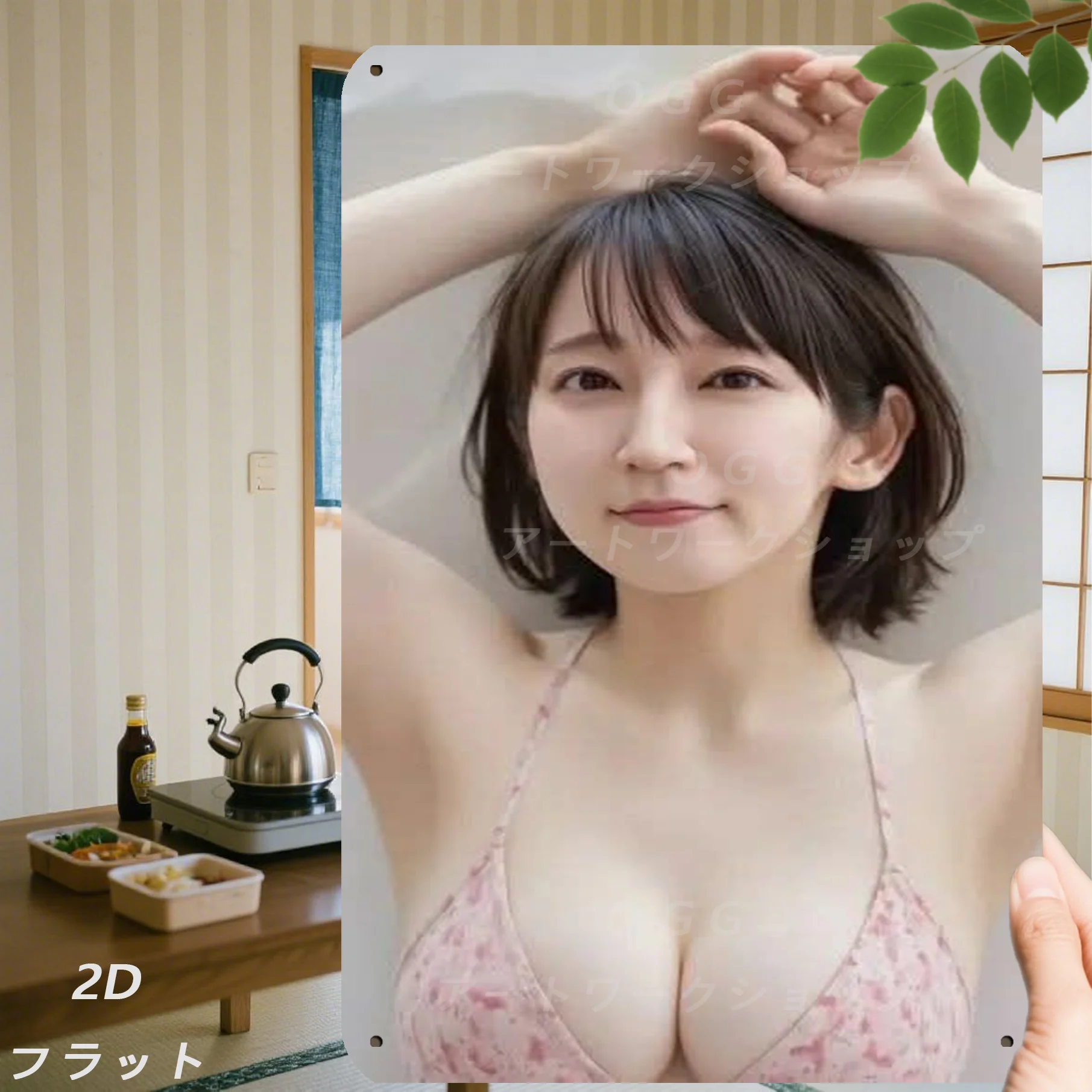 Anime-Mädchen Gesicht Metall-Wandschild, Japanisches Anime Retro-Poster, Rosa Bikini 2D Wandkunst-Dekoration für Garage, Studio, Badezimmer, Wohnzimmer Image