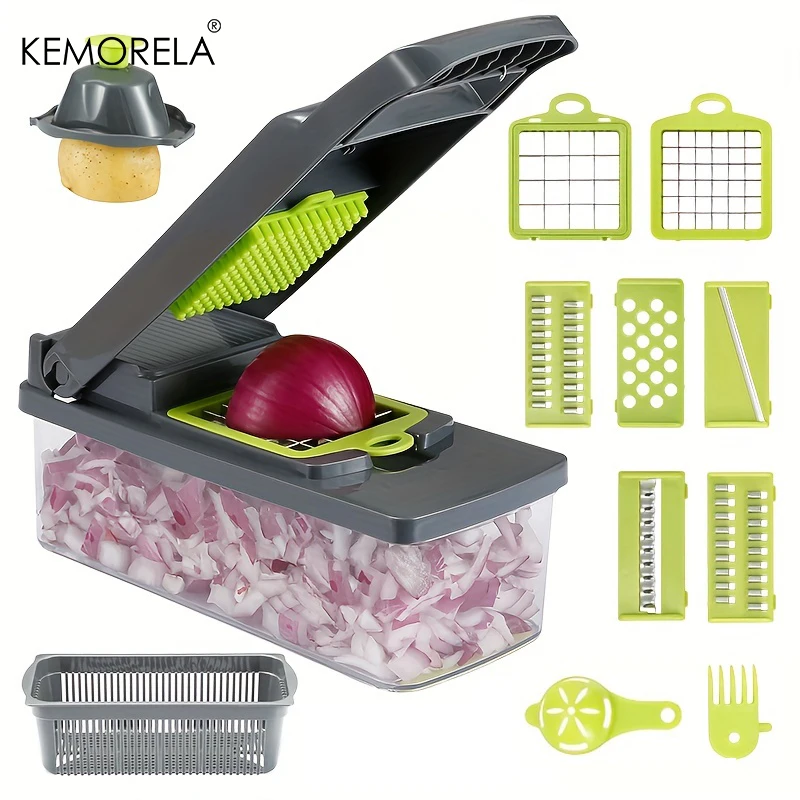 14/16 in 1 Gemüse Multifunktionszerkleinerer Zwiebel Kartoffelzerkleinerer Lebensmittelrost Lebensmittelqualität Reibe Küche Gemüseschneider Würfelschneider Image