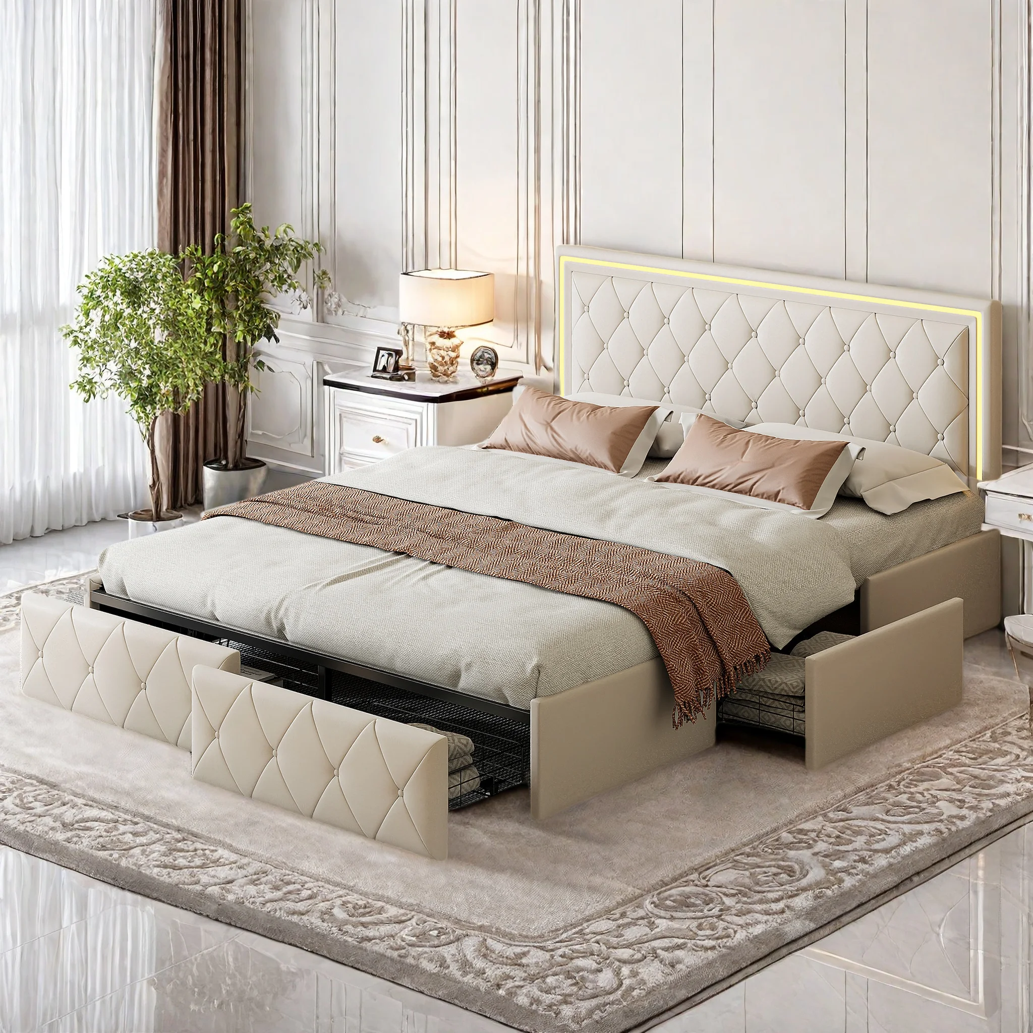 Polsterbett 140x200 cm, Stauraumbett mit LED-Beleuchtung, Doppelbett mit 4 Schubladen, Jugendbett mit Verstellbarem Kopfteil, Bettgestell mit Lattenrost, Leinenstoff, Beige/Grau Image