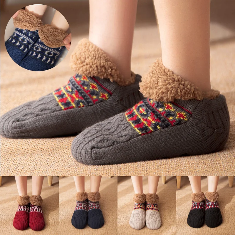 1 Paar Winter-Fleece-Haussocken mit Farbblock-Jacquardmuster, rutschfester Sohle, warme, dicke Indoor-Slipper-Socken für Damen und Herren, Hausschuhe Image