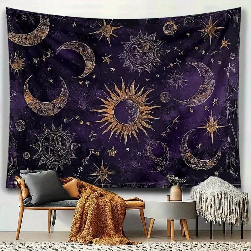 VIKAMA Vintage Wandteppich im Bohemian-Stil mit Sonnen- und Mondmuster, geeignet zur Dekoration im Wohnzimmer oder Schlafzimmer Image