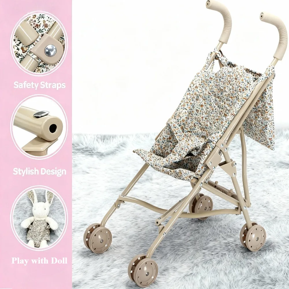Hochwertiger Faltbarer Puppenwagen mit Blumendesign Spielzeug-Kinderwagen für Puppen mit Wickeltasche Geburtstagsgeschenk für Mädchen Jungen