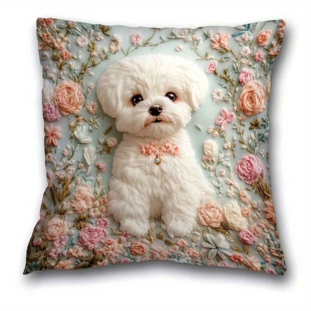 Blumenmuster Malteser Welpen 2D-Druck Kissenbezug Beidseitig Niedlicher Langlebiger Kissenbezug für Wohnzimmer Schlafzimmer Sofa Süße Atmosphäre Dekoration Image