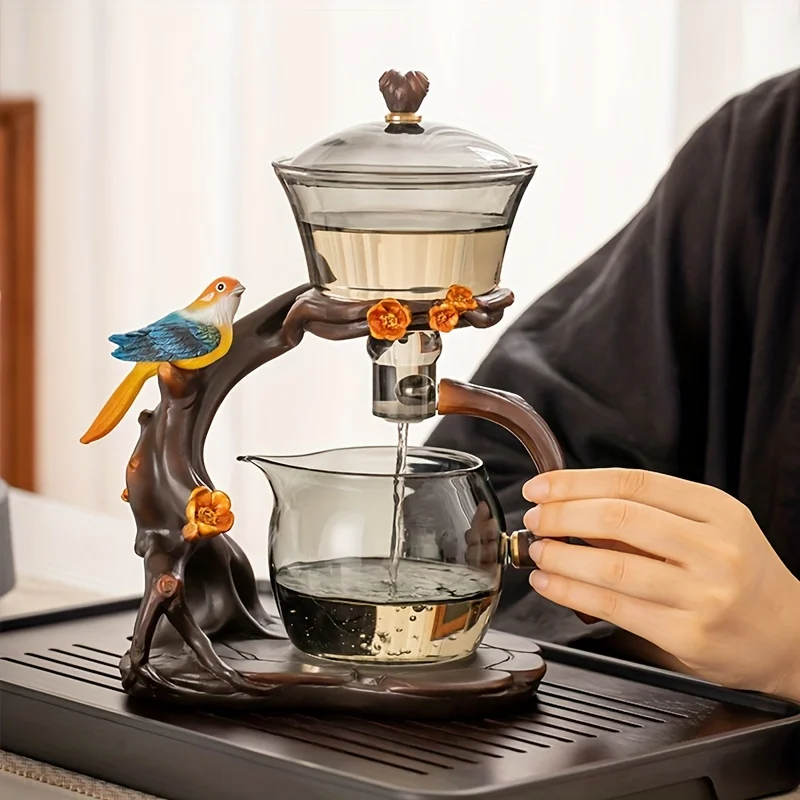 1 Satz Elster, Lazy Kung Fu Teeservice, Glas-Teeservice, halbautomatisches Teekannen-Set aus Tropfglas, Teetablett, Teekanister Image