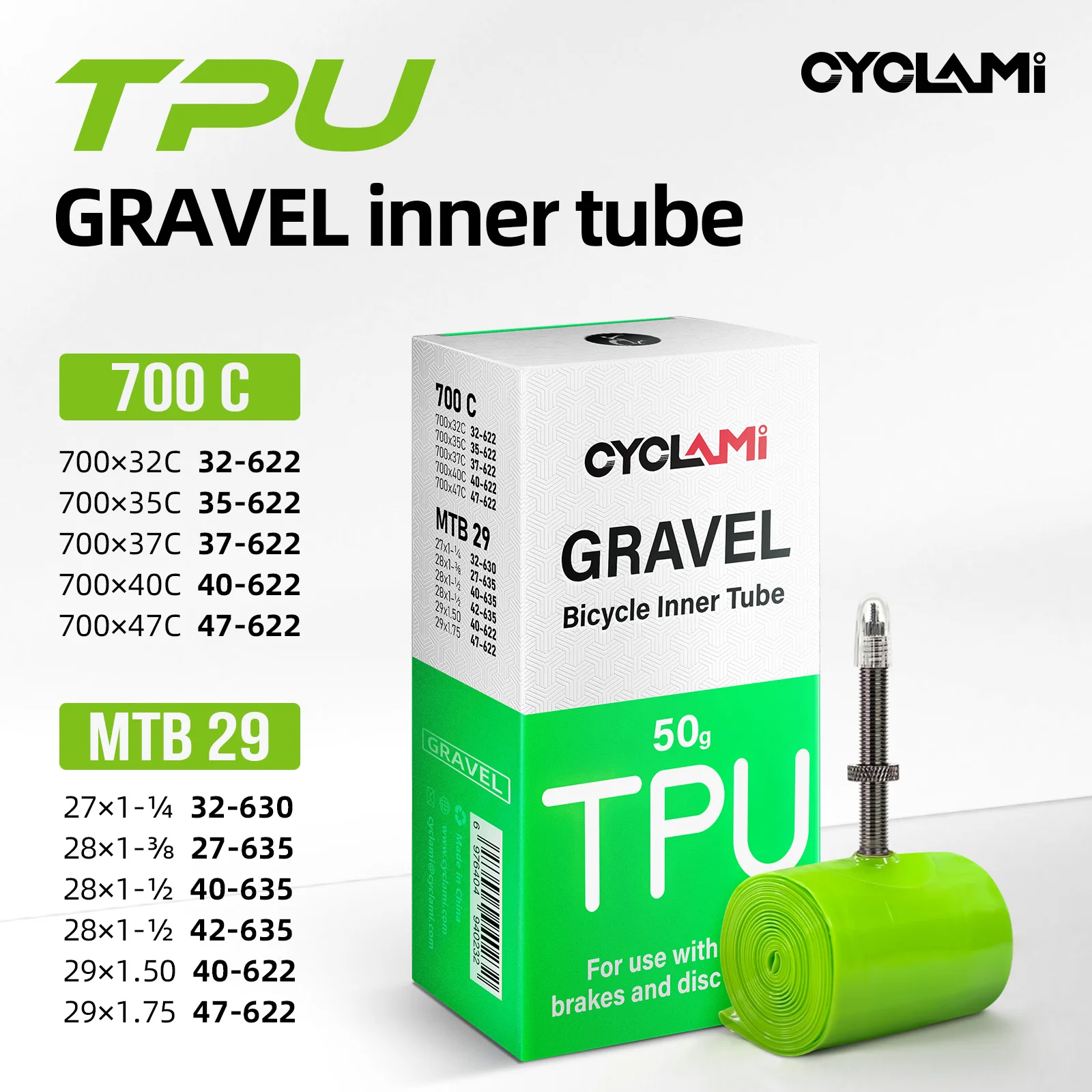 CYCLAMI Camera d'aria ultraleggera per bici da ghiaia 700X32/35/47c Materiale TPU Pneumatico da strada MTB 29 45mm Lunghezza Valvola francese rimovibile
