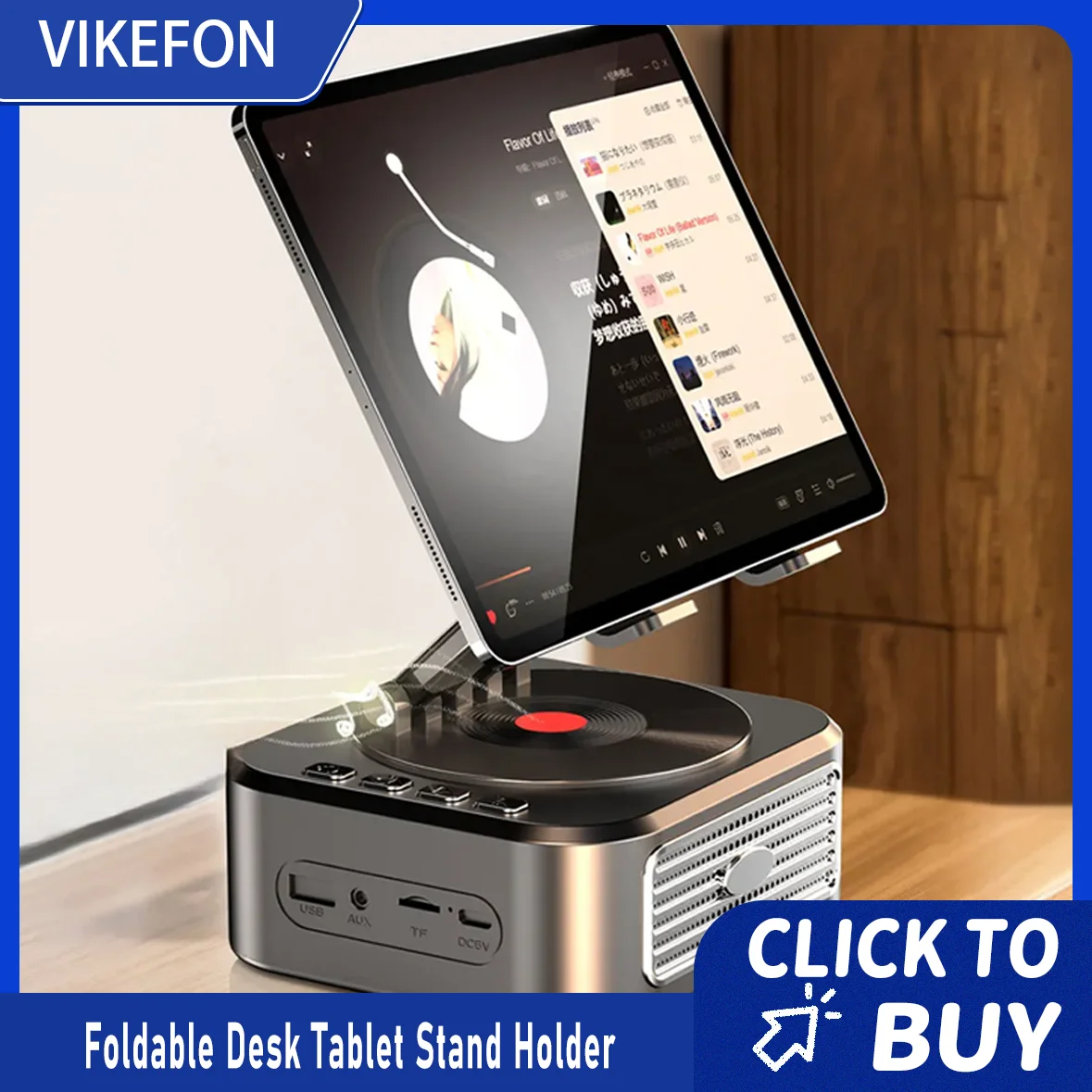 360 ° Drehbarer, faltbarer Schreibtisch-Tablet-Ständer, Smartphone-Halterung mit kabellosem Bluetooth-Lautsprecher, Stereo-USB-Soundbox Image