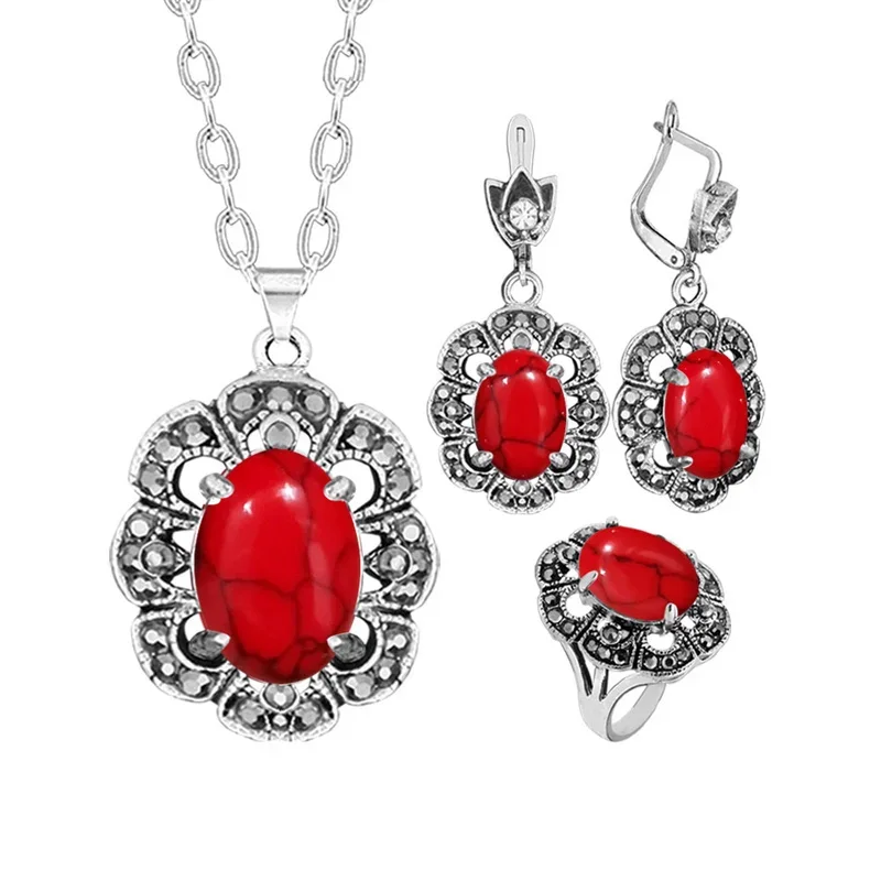 Vintage Oval Synthetische Türkisen Verkrustete Blume Schmuck Sets Für Frauen Anlage Strass Mode Halskette Ohrring Ring Frauen Set Image