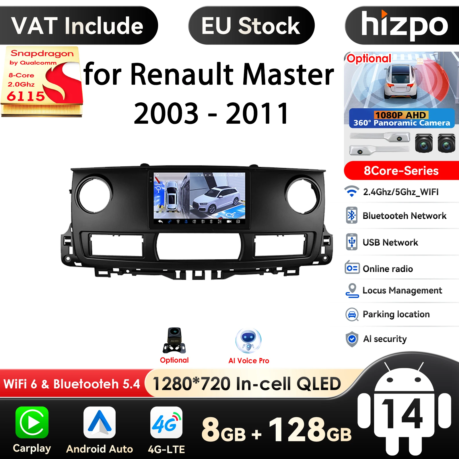 Hizpo Intelligent Systems 2 Din Android 14 Autoradio für Renault Master 2003–2011 Multimedia-Video-Player Carplay 4G GPS Image