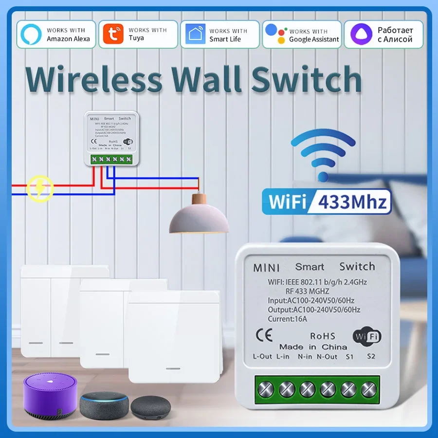 RF433MHz Kabelloser Lichtschalter 1/2/3-fach Wandschalter Tuya Smart WiFi-Schalter Smart Life APP Sprachsteuerung Mit Alexa Google Home Image