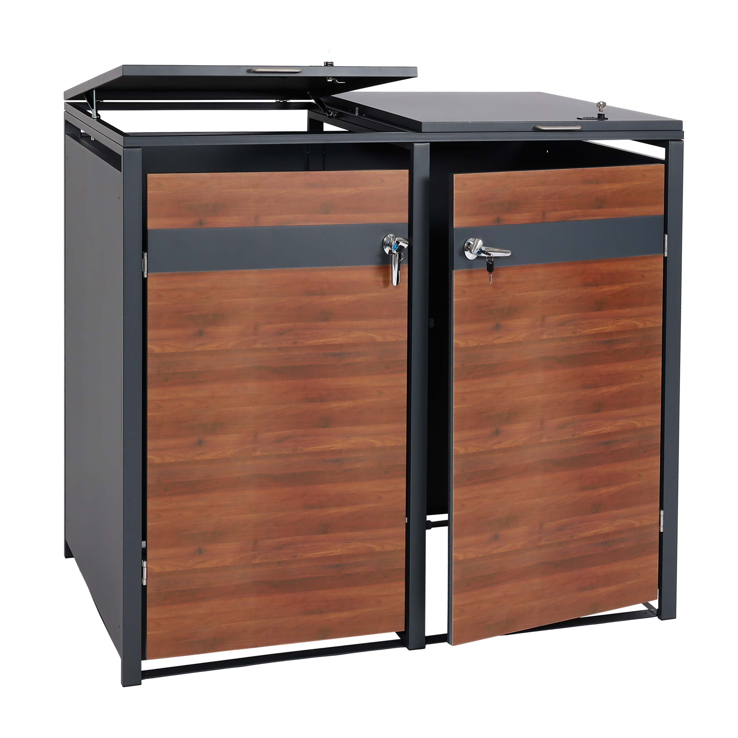 XL 2er/4er-Mülltonnenverkleidung HWC-J82, Mülltonnenbox, Metall 59kg, anthrazit ~ Kirsche-Holzoptik dunkelbraun Image