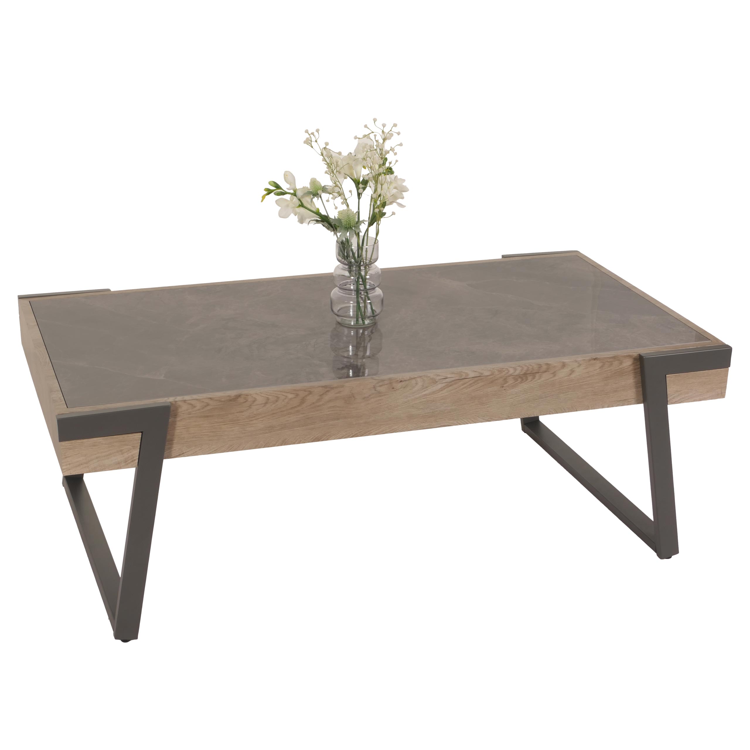 Couchtisch HWC-L89, Sofatisch Wohnzimmertisch, Eisen 43x120x64cm Sinterstein Marmor-Optik grau Holz grau-braun Image