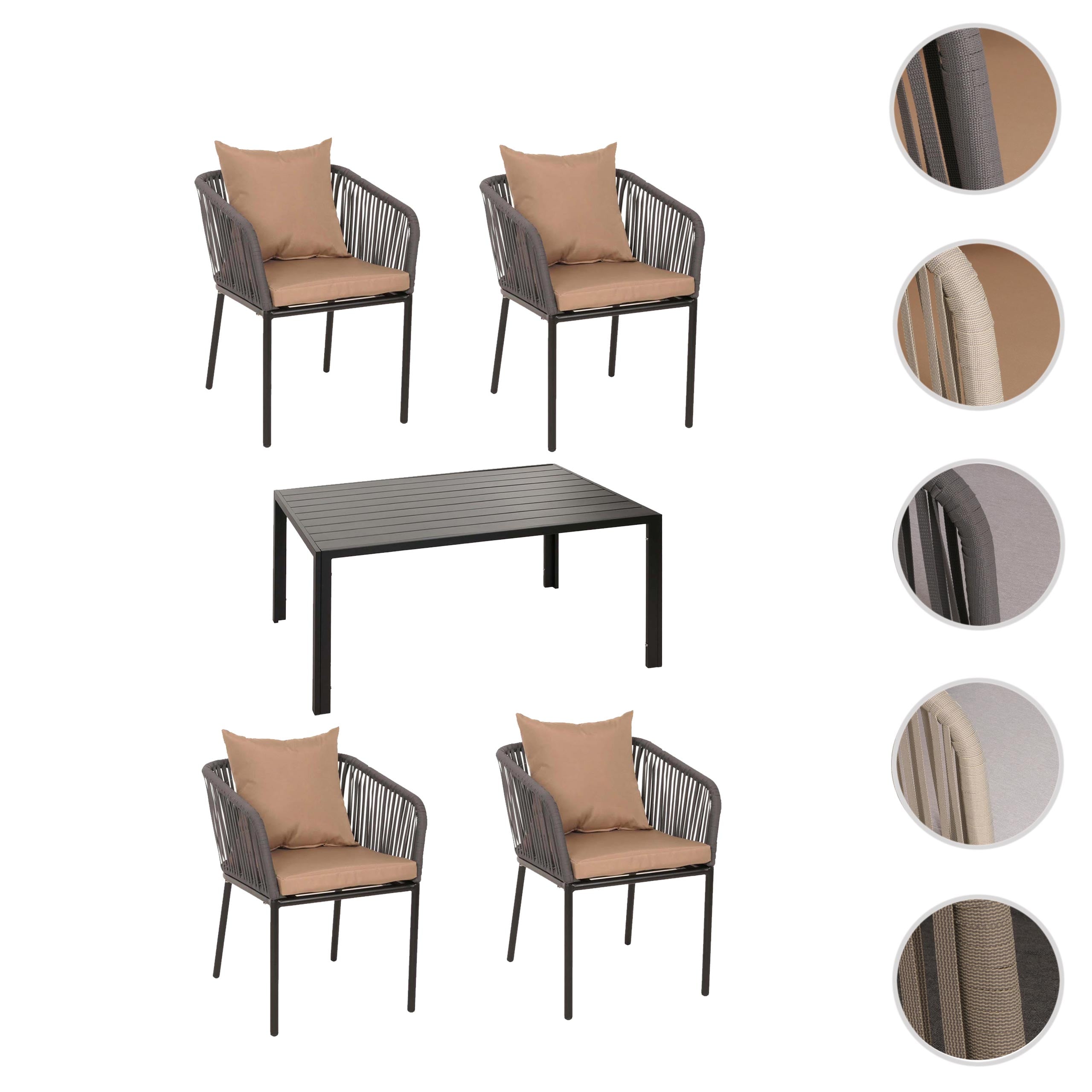 Gartengarnitur HWC-N41, Tisch+4xStuhl, wetterfest Alu 140x80cm, Seilgeflecht Rope ~ grau Kissen grau Image