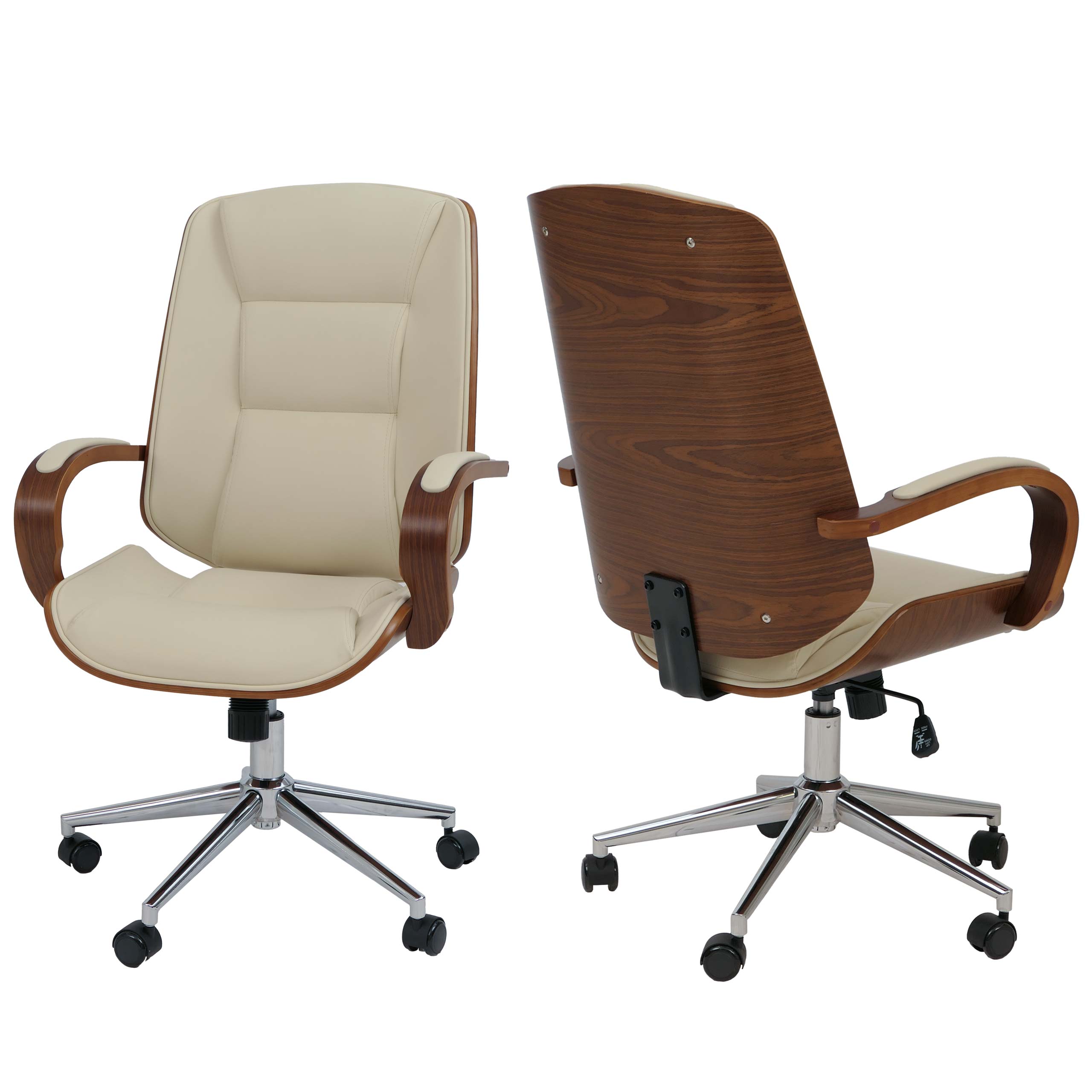 Bürostuhl HWC-O83, Drehstuhl Chefsessel, Kunstleder (280g/m²) Bugholz FSC®-zertifiziert Walnuss-Optik ~ creme