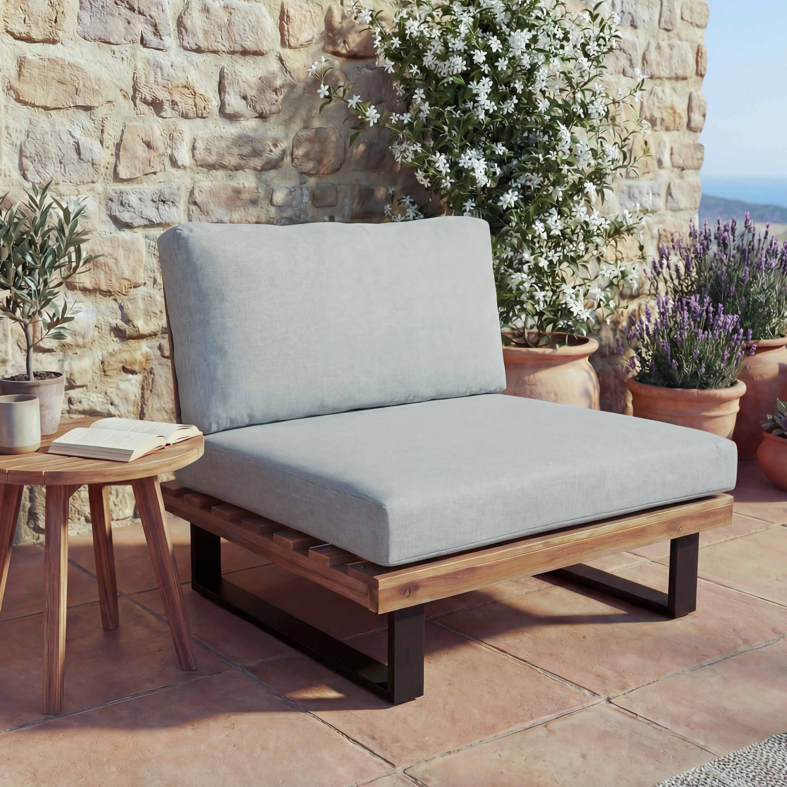 Lounge-Sessel HWC-H54, Garten-Sessel, Spun Poly Akazie Holz FSC®-zertifiziert Aluminium ~ hellbraun, Polster hellgrau