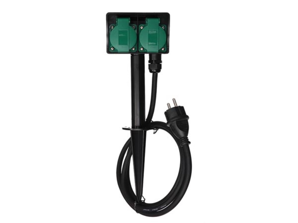 Perel Außensteckdose mit Erdspieß, 2 Steckdosen Typ E mit Klappdeckeln, IP44, 1,5 m H07RN-F Kabel, für Garten & Werkzeuge Image