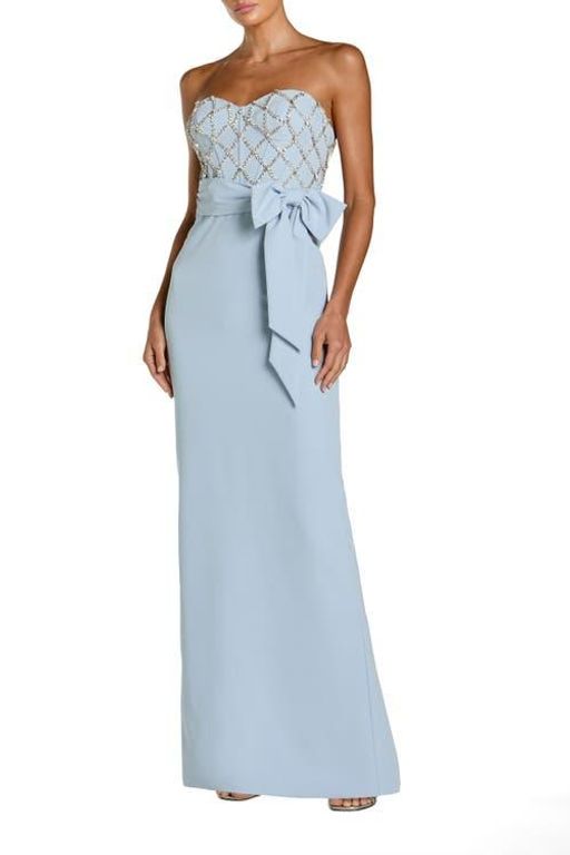 Strapless Crepe Embellished Bustier Gown With Bow - Blue - Mac Duggal Dresses