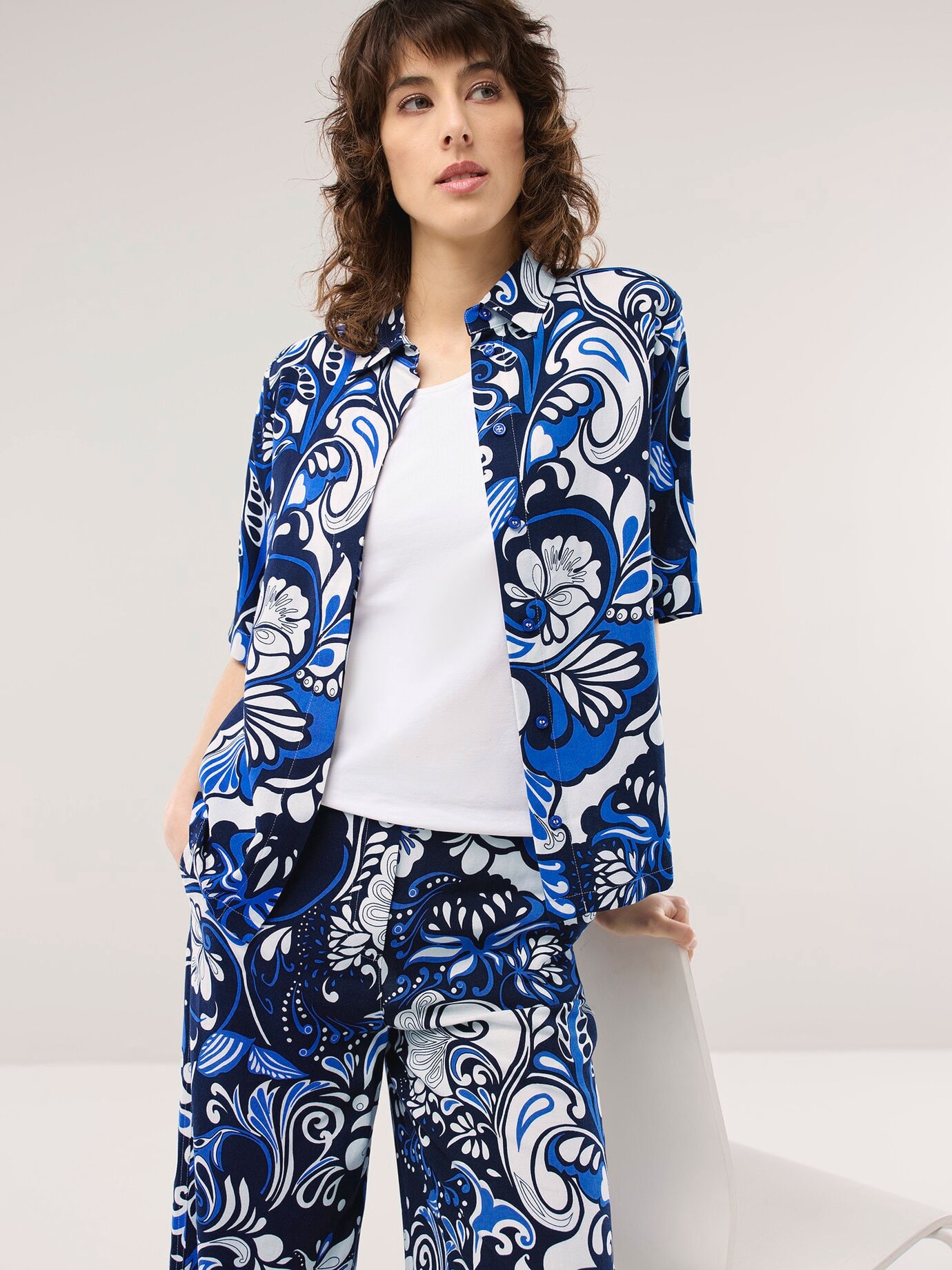 Walbusch Damen Hemdbluse Leinenmix Blau gemustert