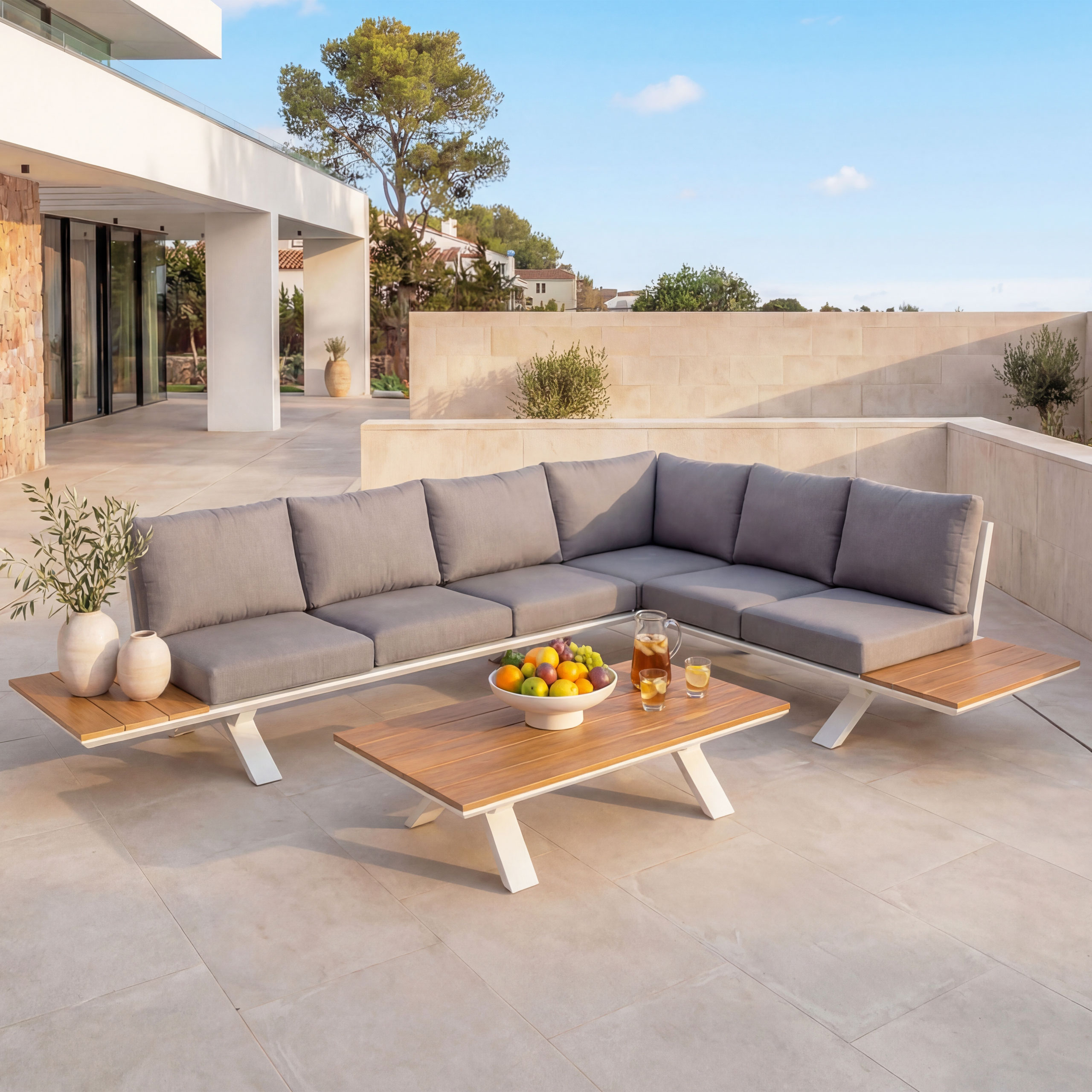 Aluminium Garten-Garnitur HWC-M62, Sitzgruppe Garten-/Lounge-Set Sofa, Holzoptik ~ Gestell weiß, Polster hellgrau Image
