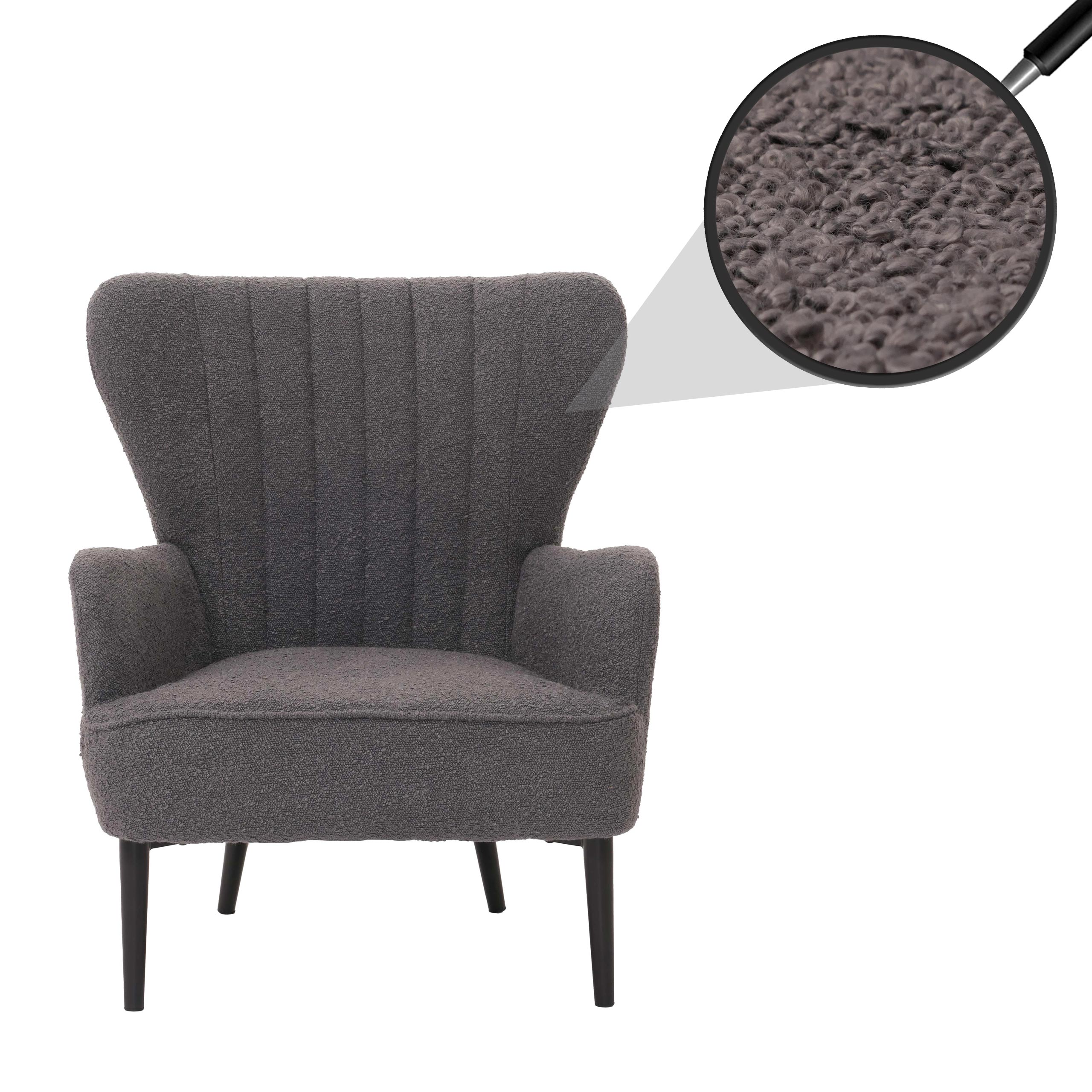 Lounge-Sessel HWC-K37, Cocktail-/Ohrensessel Polsterstuhl Retro Vintage Stoff Bouclé (600g/m²) ~ dunkelgrau