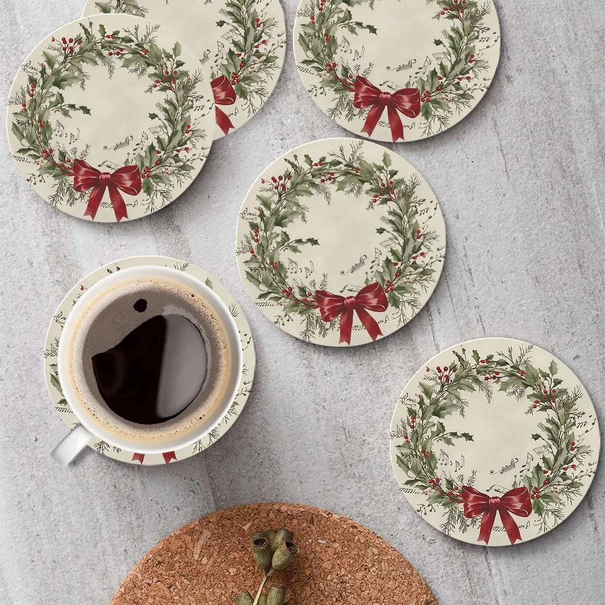 10 Zoll Weihnachtsferien 2D-Untersetzer aus Holz mit hitzebeständiger roter Schleife, Tannenzapfen-Design, Couchtisch, Heimdekoration, Getränkeschutz Image